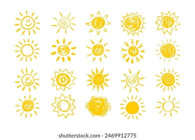 Set von gelben Sonnen im flachen Design isoliert weißen Hintergrund. lustige Ikonen Sun Doodle. Moderne einfache flache Sonnenlichtschilder. . Vektorillustration