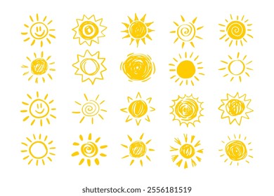 Set of yellow suns in Flat design isolated white background. funny icons sun doodle. Modern simple flat sunlight sign. . Vector illustration