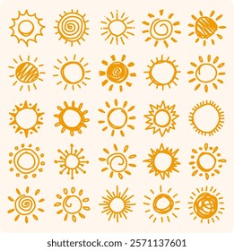 Set of yellow suns in Flat design isolated white background. funny icons sun doodle. Modern simple flat sunlight sign.