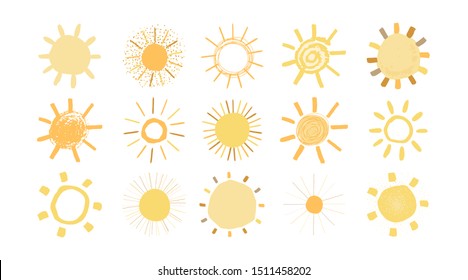 Set of yellow suns in hand drawn style isolated on white background. Cute funny simple illustration for kids. Sun icons. Vector.