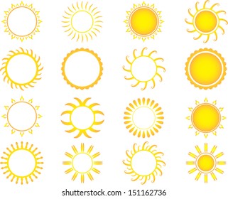 Set of yellow suns illustrated on white