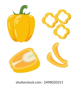 Set of yellow sweet bell peppers and slices. Whole and parts of farm paprika plant icons. Organic vegetables vegetarian food. Vector illustration isolated on white background.