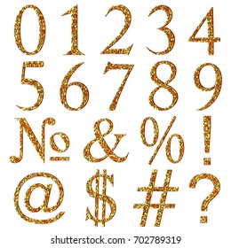 Set of yellow swirl mosaic font with numeric figures and additional signs.