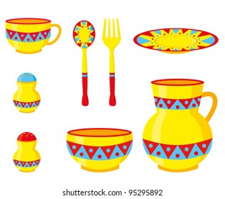 set of yellow tableware made of clay with a bright red and blue ornament Isolated on white background