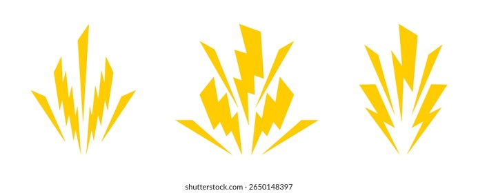 Conjunto de efeitos de raio amarelo. Sinais luminosos isolados em fundo branco. Silhuetas de tempestades. Lanterna, energia, energia ou símbolos de eletricidade. Ilustração plana vetorial.