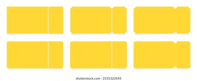 Set of yellow ticket mockups with ruffle edges and shadows. Empty template. Concert, movie or theater ticket. Boarding blank, lottery, sale coupon