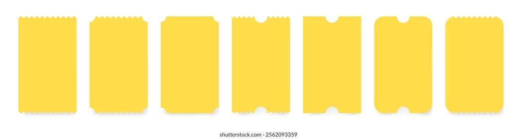 Set of yellow ticket mockups with ruffle edges and shadows. Small vertical empty templates. Concert, movie or theater ticket. Boarding blank, lottery, sale coupon