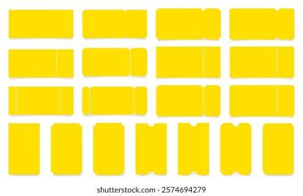 Set of yellow ticket mockups with ruffle edges and shadows. Empty template. Concert, movie or theater ticket. Boarding blank, lottery, sale coupon	
