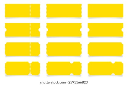 Set of yellow ticket mockups with ruffle edges and shadows. Empty template. Concert, movie or theater ticket. Boarding blank, lottery, sale coupon