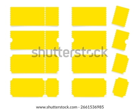Set of yellow ticket mockups with ruffle edges and shadows. Ticket with the control part torn off. Ticket stub	