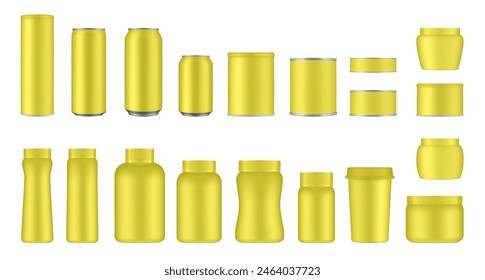 Set of yellow tin cans and jars. Coffee or tea canister. Tin can for preserves or pet food. Beer, cocktail or soda can. Chips tube. Cookie jar. Round box for sugar or flour