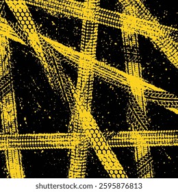 Set of yellow tire track silhouettes isolated on black background. Vehicle brake down path silhouette on the road. Tyre ways different forms for your designs
