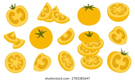 Set of yellow tomatoes with whole, slices, wedges and cut pieces isolated on white background. Flat vegetable vector collection.