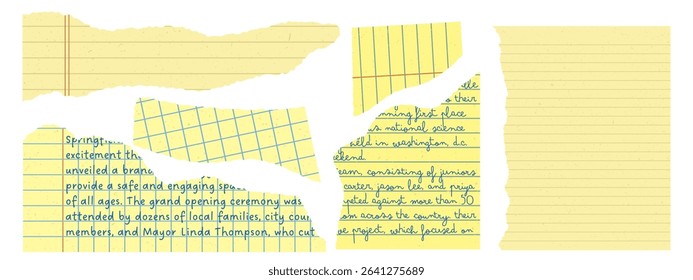 Set of yellow torn paper elements for collage and social media design. Ripped paper with grunge and handmade texture