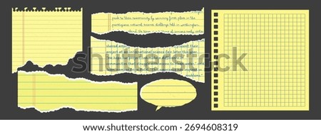 Set of yellow torn paper elements for collage and social media design. Notebook scraps with torn, jagged borders