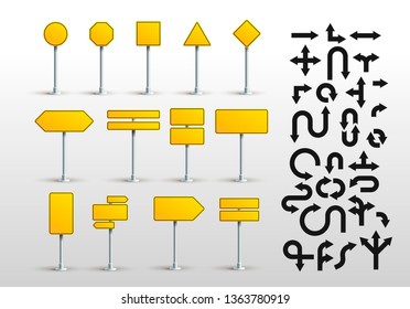 Set of yellow traffic signs. Road board text panel, mockup signage direction highway city signpost location street arrow way. Vector. Illustration. Isolated on white background.