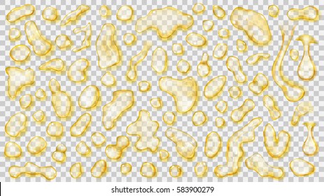 Set of yellow translucent drops of different shapes with shadows, isolated on transparent background. Transparency only in vector file