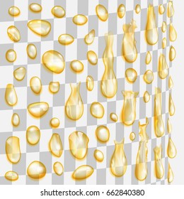 Set of yellow transparent water drops of different shapes flowing along a cylindrical surface. Transparency only in vector file