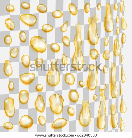 Set of yellow transparent water drops of different shapes flowing along a cylindrical surface. Transparency only in vector file