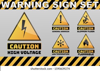 Set of  yellow Triangle Hazard warning, attention sign. Isolated on background. Caution, accident prevention, notification vector illustration of radiation, low temp, high voltage, flammable