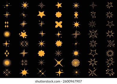 Set of yellow twinkle stars. Retro bright vector yellow icons collection. Twinkle star icon set on white background. Set of original star sparkle shapes. Glowing twinkle templates stars.