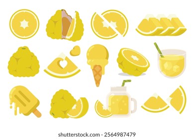 Set of Yellow Ugli fruit, Farm fresh Jamaican tangelo product emblem, collection of ice cream, Juice jar, glass of juice, ice cream cone and stick, simple flat vector illustration of fruits.