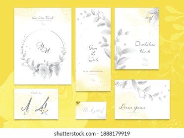 Set of yellow and ultimate gray card with flower rose watercolor