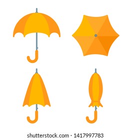 Set of yellow umbrella icon in open, top view, closed unfolded and folded states. Flat modern vector illustration of retro design. Simple symbol of rainy autumn weather, meteorology, wet climate.