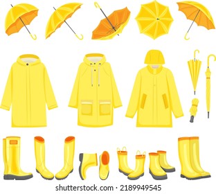 set of yellow umbrellas, boots, raincoats in flat style, isolated, vector