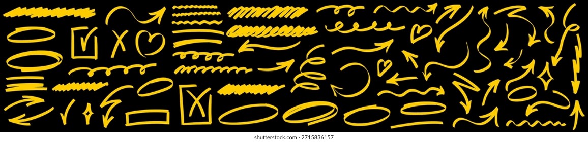 Un conjunto de efectos de subrayado amarillo mezclados con sutiles acentos de resaltado, que muestran trazos de marcador y Formas de líneas fluidas realzadas por marcas de pincel para un diseño dinámico de subrayado y resaltado.