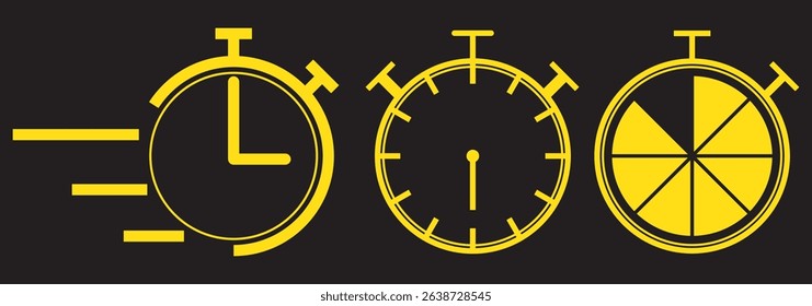 Set of Yellow various clocks and watches in cute 3d style, vector illustration isolated on Dark background. Concepts of time management and deadline. Hourglass, smartwatch, dial watch. EPS 10.