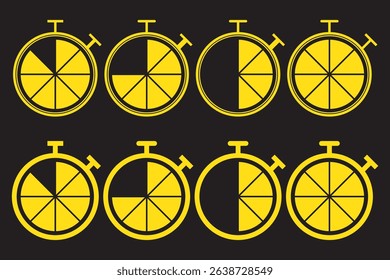 Set of Yellow various clocks and watches in cute 3d style, vector illustration isolated on Dark background. Concepts of time management and deadline. Hourglass, smartwatch, dial watch. EPS 10.