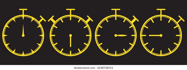 Set of Yellow various clocks and watches in cute 3d style, vector illustration isolated on Dark background. Concepts of time management and deadline. Hourglass, smartwatch, dial watch. EPS 10.