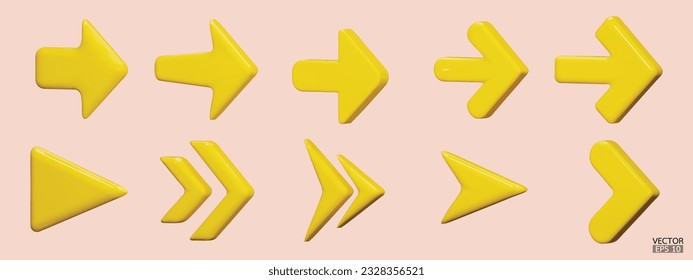 Set of yellow vector arrows. Shiny 3d glass Arrows icon. Arrows Cartoon minimal style collection. 3d vector illustration.