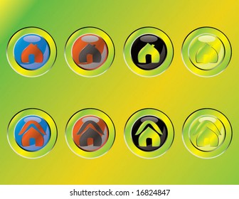 set of yellow vector buttons including two stylish home icons