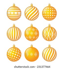 Set of yellow vector christmas balls with different patterns