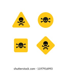 Set of yellow vector danger poison signs. Icon of skull and crossbones as symbol of death. Design of warning sign of danger. Graphic caution element of dangerous object, substance or territory