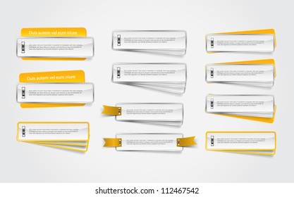 A set of yellow vector glossy badges / banners attached with chrome staples