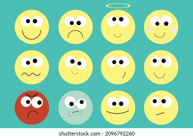 Set of yellow vector original design emoticons. Expression of emotions. Chat online.