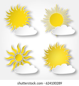 Set of yellow vector paper bright shining suns icons on the sky, isolated over white.