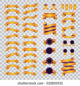 Set of yellow vector ribbons, labels and signs with violet elements for your banners, award, design on transparent background. Vector illustration.
