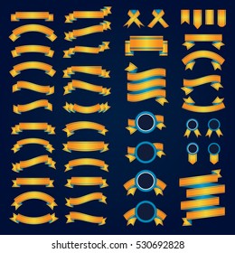 Set of yellow vector ribbons on dark blue background. Vector illustration.