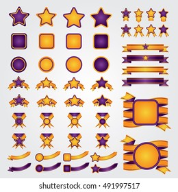 Set of yellow vector Ribbons, stars, rounds. Vector illustration. Ribbons for business and design.  Design elements. Gift ribbons for holiday and awards. Game elements