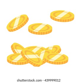 Set of yellow vector shiny coins in cartoon style. Isolated on white background