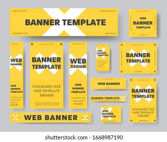 Set of yellow vector web banner templates with white cross and black text. Design standard-size samples for advertising and social media
