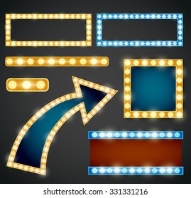 Set of yellow, violet and blue arrows with bulb lamps. Vector illustration