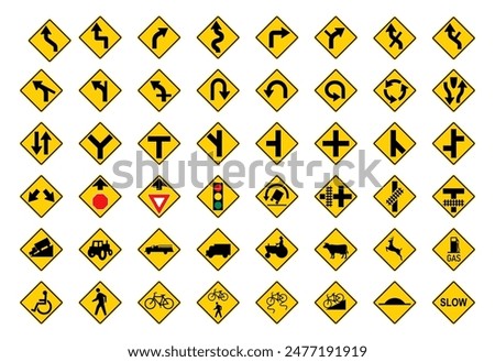 Set of yellow warning road signs. Vector