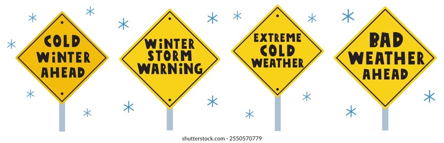 Set of yellow warning signs. Attention to bad weather during the winter. Vector illustration on white background.