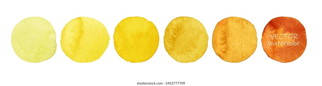 Set of yellow watercolor dots. Hand painted Spots on white background. Round, circle. Isolated. Blobs of different yellow color. Abstract artistic backgrounds. Watercolor palette with pastel colors.