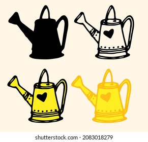 set of yellow watering can icon. a hand-drawn garden watering can tool in the style of doodles, with a spout and two handles on the side and top with a pattern of dots and a heart, a black outline